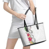 Hawaii DNA Kakau Tattoo Leather Tote Bag with Plumeria and Hibiscus Tropical Plants White Color LT03 - Polynesian Pride