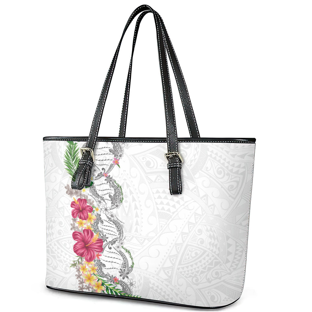 Hawaii DNA Kakau Tattoo Leather Tote Bag with Plumeria and Hibiscus Tropical Plants White Color LT03 - Polynesian Pride