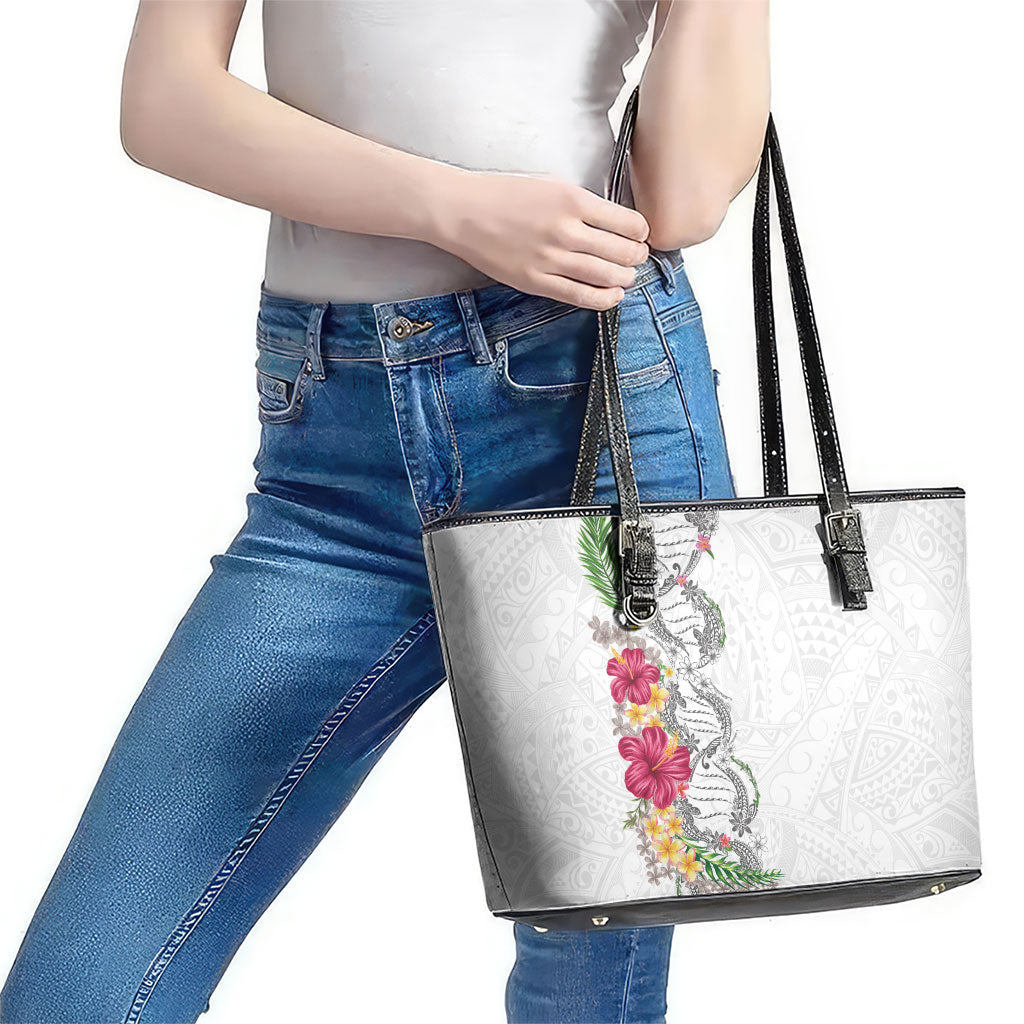 Hawaii DNA Kakau Tattoo Leather Tote Bag with Plumeria and Hibiscus Tropical Plants White Color LT03 - Polynesian Pride