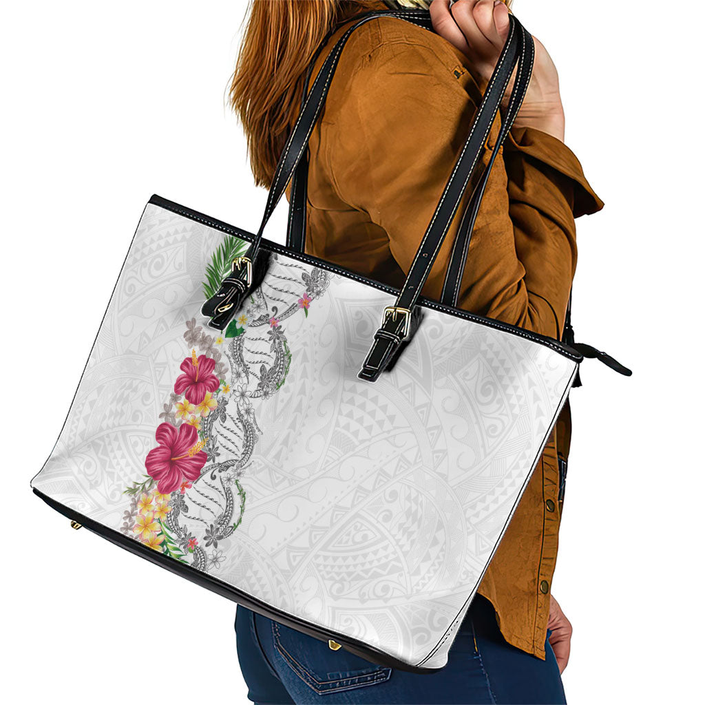 Hawaii DNA Kakau Tattoo Leather Tote Bag with Plumeria and Hibiscus Tropical Plants White Color LT03 - Polynesian Pride