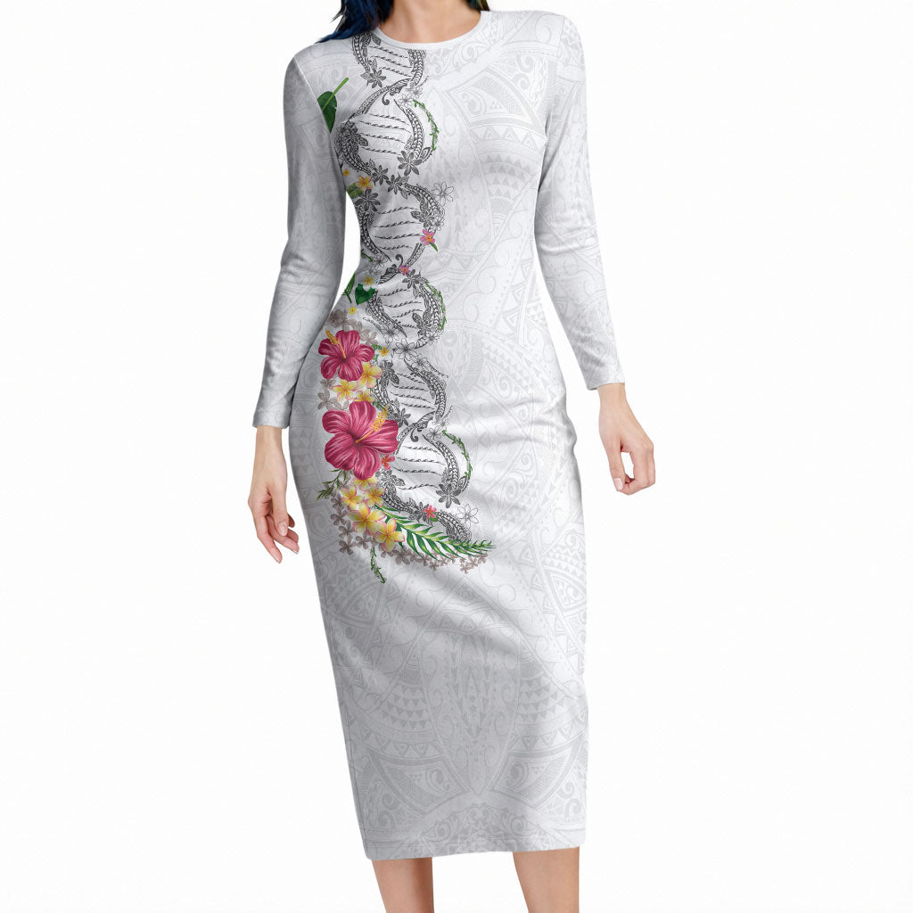 Hawaii DNA Kakau Tattoo Long Sleeve Bodycon Dress with Plumeria and Hibiscus Tropical Plants White Color LT03 Long Dress White - Polynesian Pride
