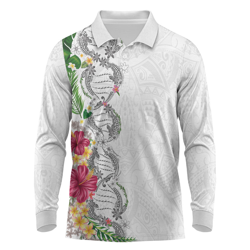 Hawaii DNA Kakau Tattoo Long Sleeve Polo Shirt with Plumeria and Hibiscus Tropical Plants White Color LT03 White - Polynesian Pride