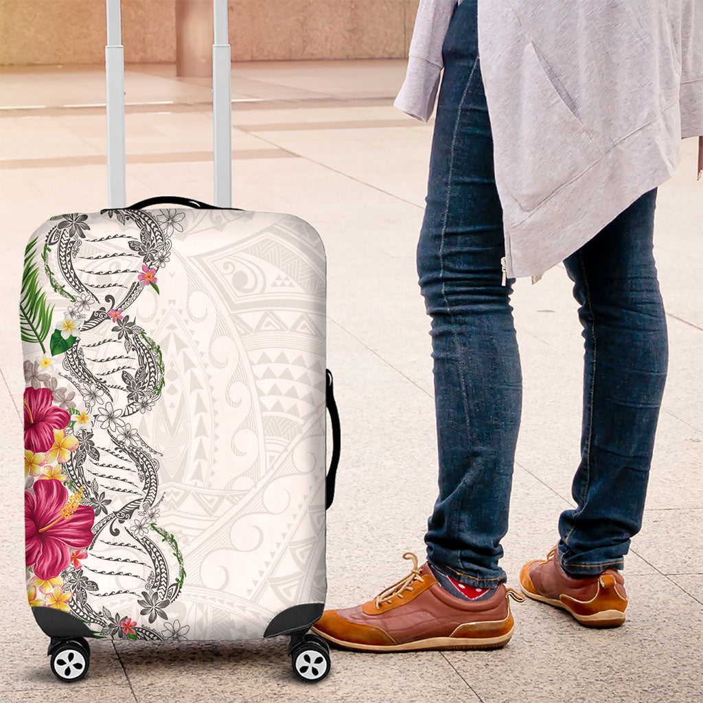 Hawaii DNA Kakau Tattoo Luggage Cover with Plumeria and Hibiscus Tropical Plants White Color LT03 White - Polynesian Pride