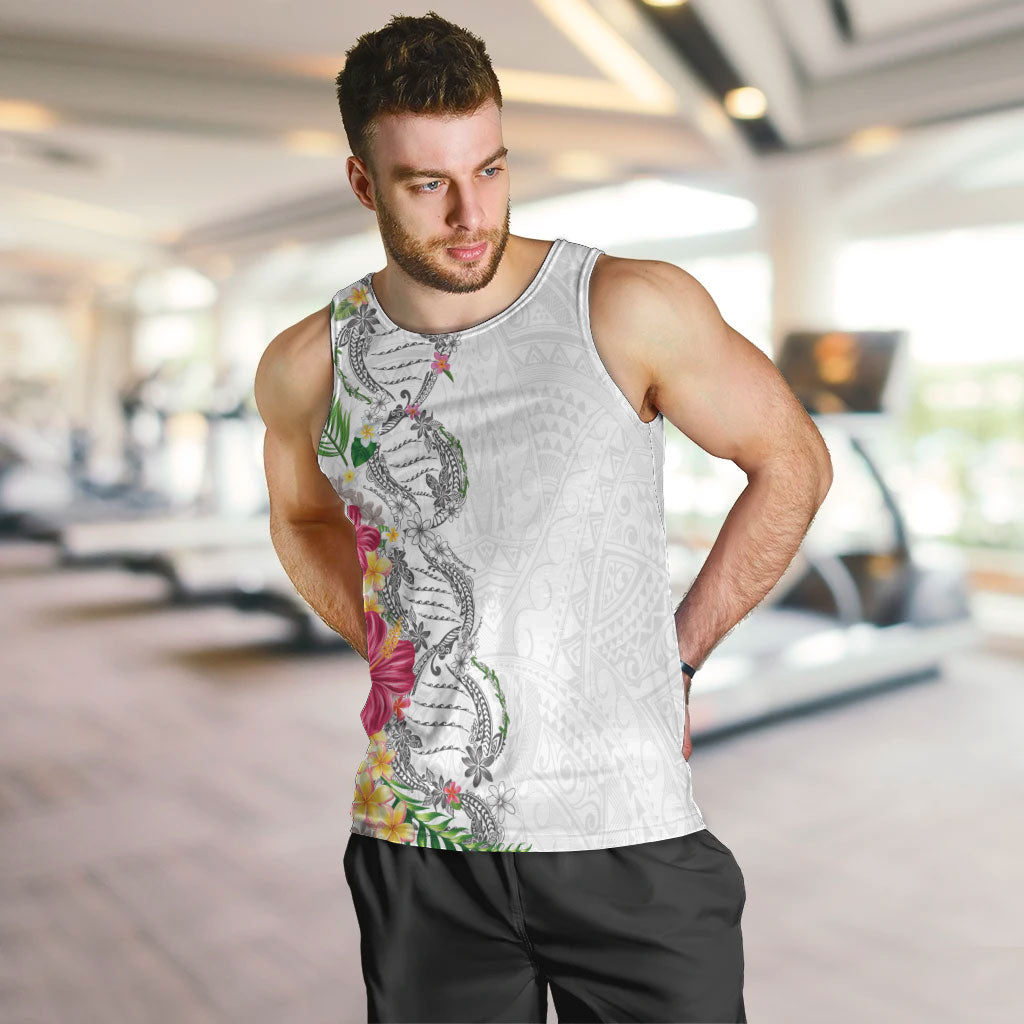Hawaii DNA Kakau Tattoo Men Tank Top with Plumeria and Hibiscus Tropical Plants White Color LT03 White - Polynesian Pride