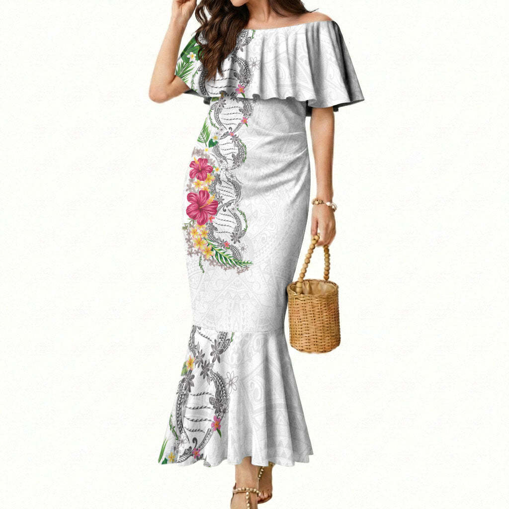 Hawaii DNA Kakau Tattoo Mermaid Dress with Plumeria and Hibiscus Tropical Plants White Color LT03 Women White - Polynesian Pride
