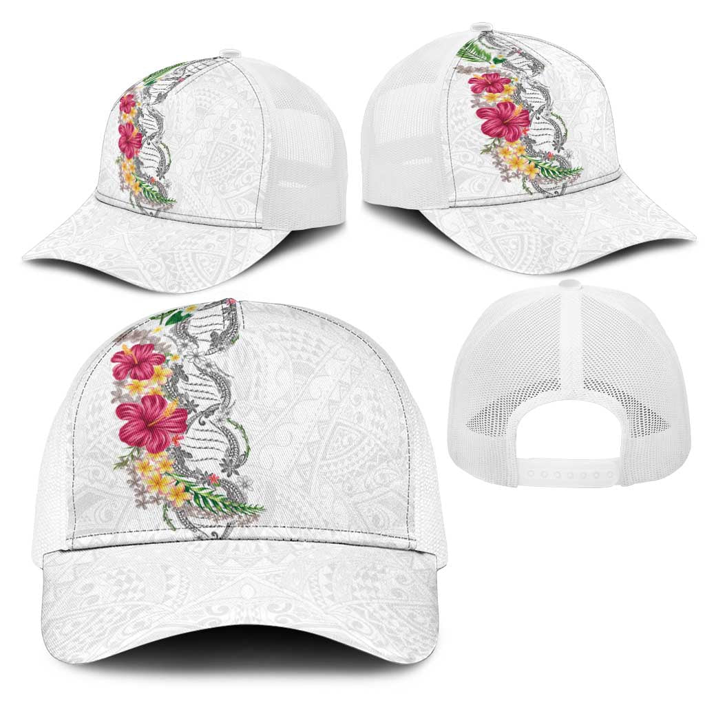 Hawaii DNA Kakau Tattoo Mesh Trucker Cap with Plumeria and Hibiscus Tropical Plants White Color LT03 - Polynesian Pride