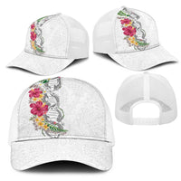 Hawaii DNA Kakau Tattoo Mesh Trucker Cap with Plumeria and Hibiscus Tropical Plants White Color LT03 - Polynesian Pride