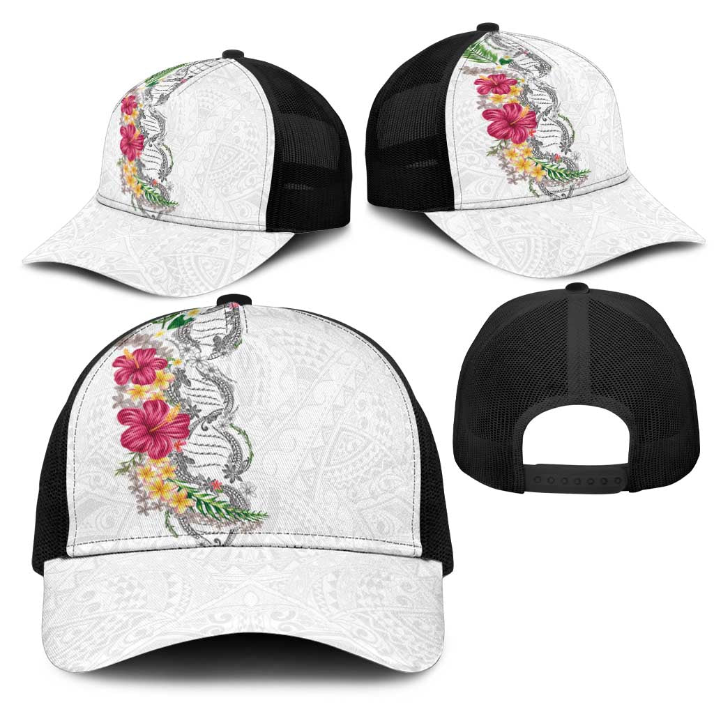Hawaii DNA Kakau Tattoo Mesh Trucker Cap with Plumeria and Hibiscus Tropical Plants White Color LT03 - Polynesian Pride