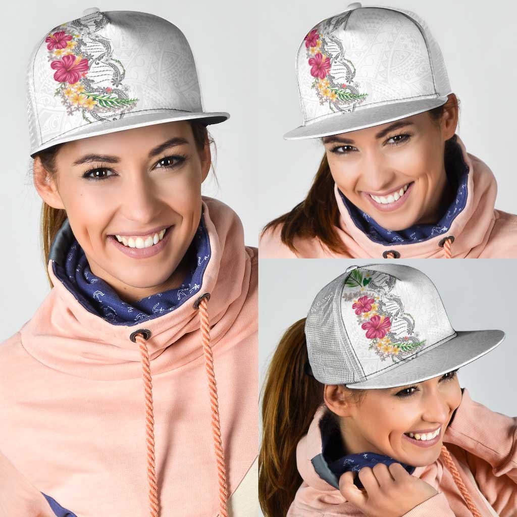 Hawaii DNA Kakau Tattoo Mesh Trucker Cap with Plumeria and Hibiscus Tropical Plants White Color LT03 - Polynesian Pride