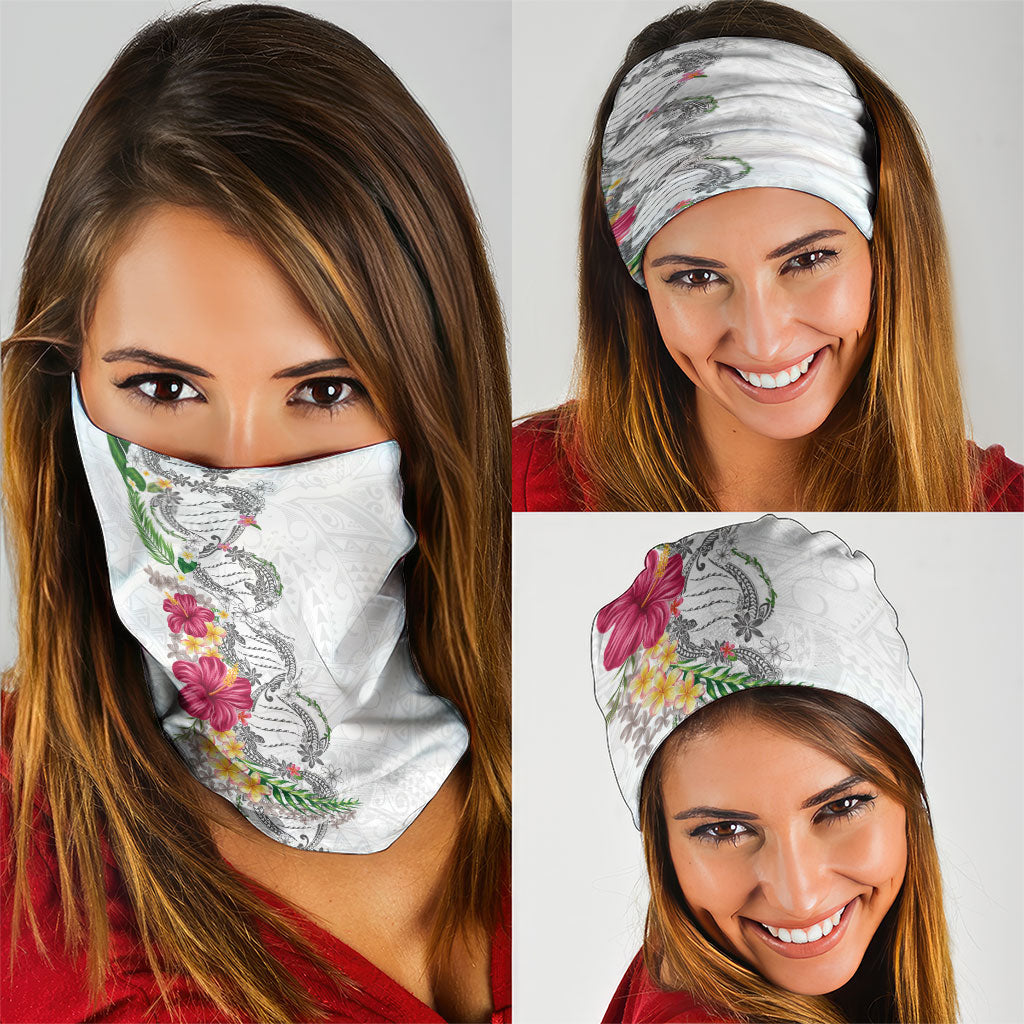 Hawaii DNA Kakau Tattoo Neck Gaiter with Plumeria and Hibiscus Tropical Plants White Color LT03 - Polynesian Pride