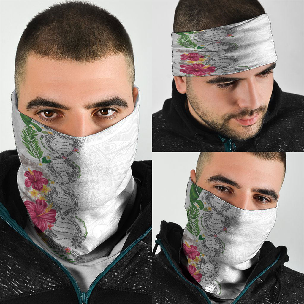 Hawaii DNA Kakau Tattoo Neck Gaiter with Plumeria and Hibiscus Tropical Plants White Color LT03 - Polynesian Pride