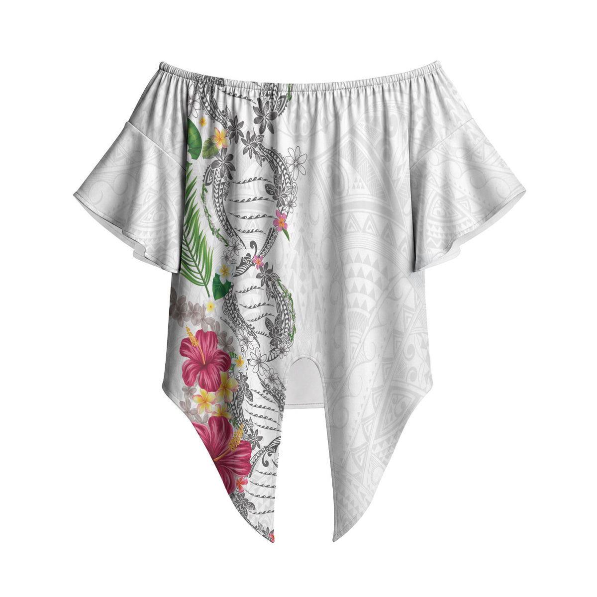 Hawaii DNA Kakau Tattoo Off Shoulder Wrap Waist Top with Plumeria and Hibiscus Tropical Plants White Color LT03 White - Polynesian Pride