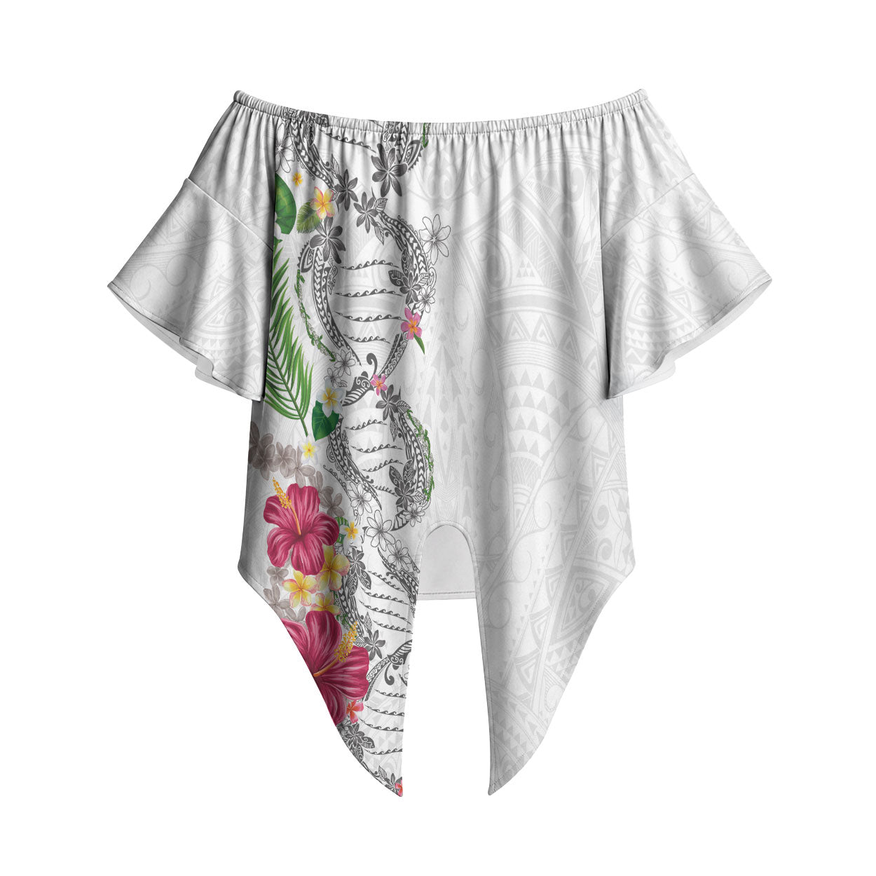 Hawaii DNA Kakau Tattoo Off Shoulder Wrap Waist Top with Plumeria and Hibiscus Tropical Plants White Color LT03 White - Polynesian Pride