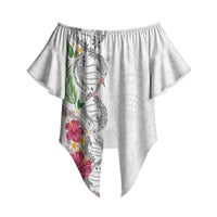 Hawaii DNA Kakau Tattoo Off Shoulder Wrap Waist Top with Plumeria and Hibiscus Tropical Plants White Color LT03 White - Polynesian Pride