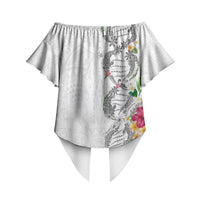 Hawaii DNA Kakau Tattoo Off Shoulder Wrap Waist Top with Plumeria and Hibiscus Tropical Plants White Color LT03 - Polynesian Pride