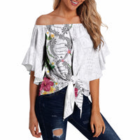 Hawaii DNA Kakau Tattoo Off Shoulder Wrap Waist Top with Plumeria and Hibiscus Tropical Plants White Color LT03 - Polynesian Pride