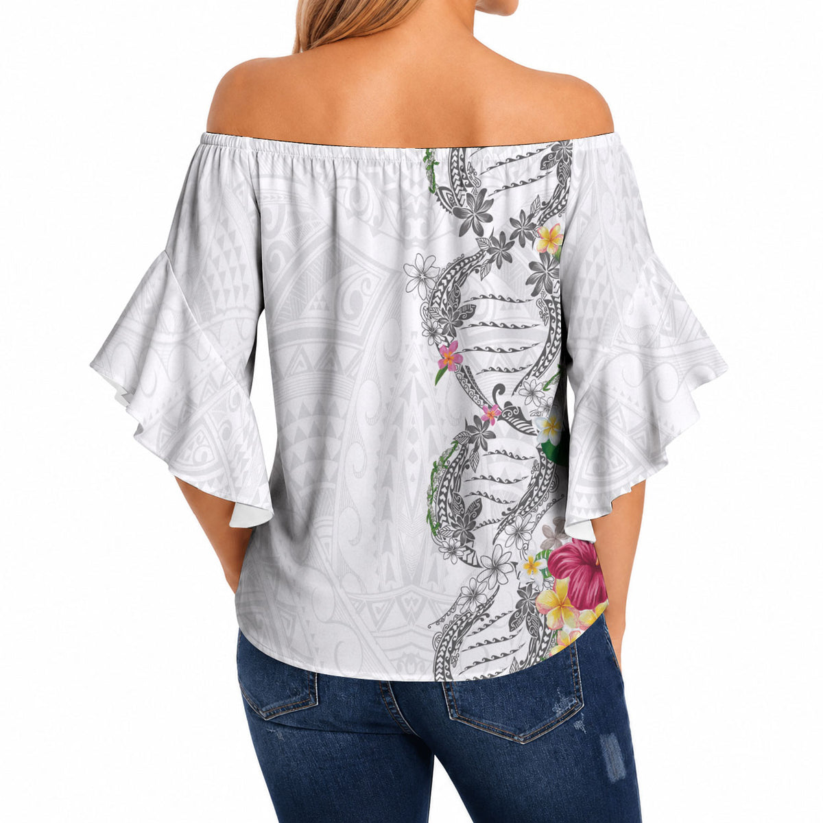 Hawaii DNA Kakau Tattoo Off Shoulder Wrap Waist Top with Plumeria and Hibiscus Tropical Plants White Color LT03 - Polynesian Pride