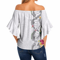 Hawaii DNA Kakau Tattoo Off Shoulder Wrap Waist Top with Plumeria and Hibiscus Tropical Plants White Color LT03 - Polynesian Pride