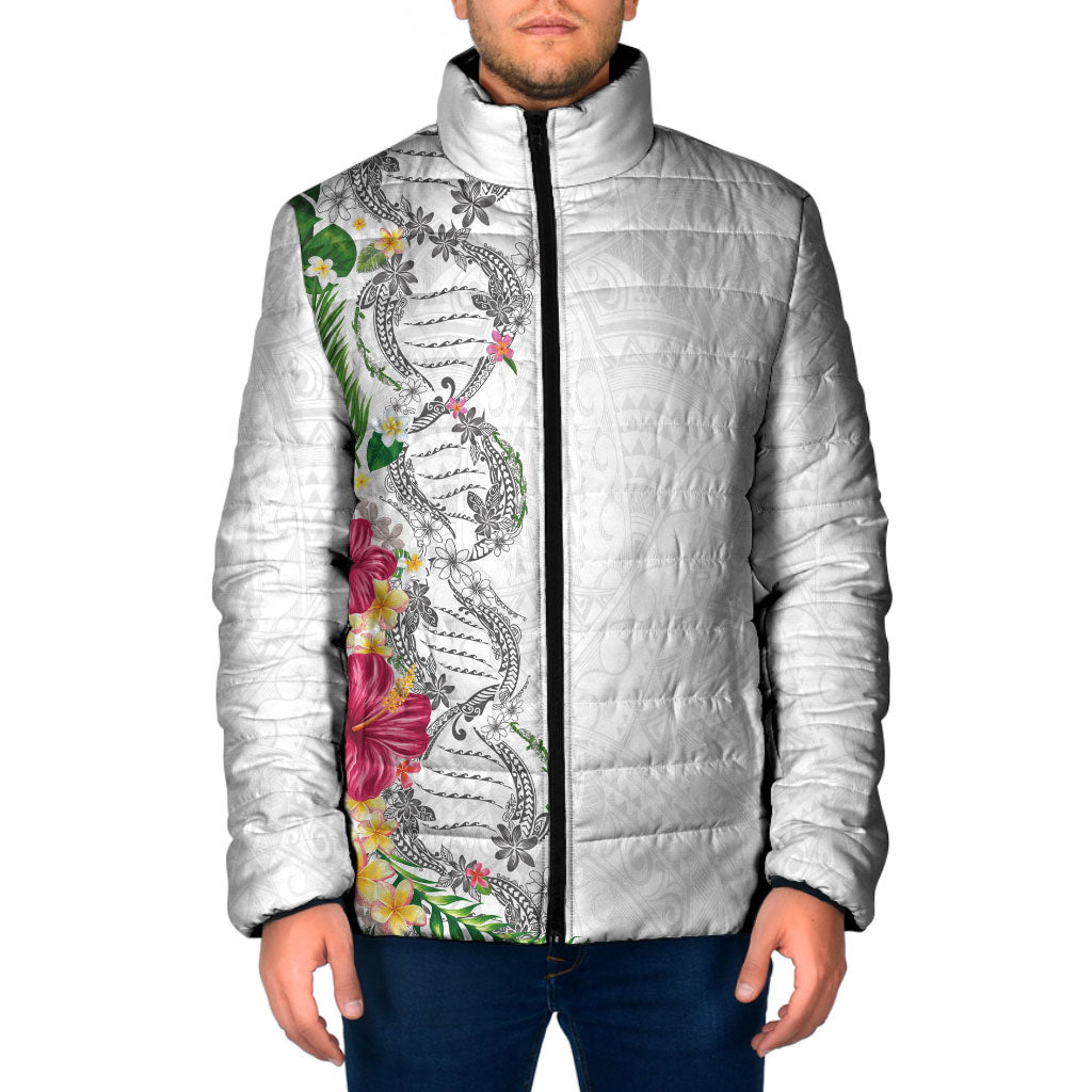 Hawaii DNA Kakau Tattoo Padded Jacket with Plumeria and Hibiscus Tropical Plants White Color LT03 Men White - Polynesian Pride
