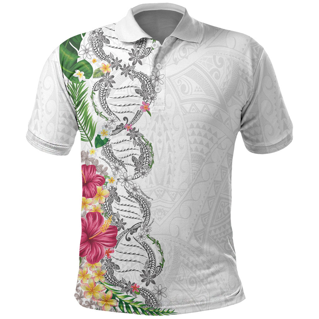 Hawaii DNA Kakau Tattoo Polo Shirt with Plumeria and Hibiscus Tropical Plants White Color LT03 White - Polynesian Pride