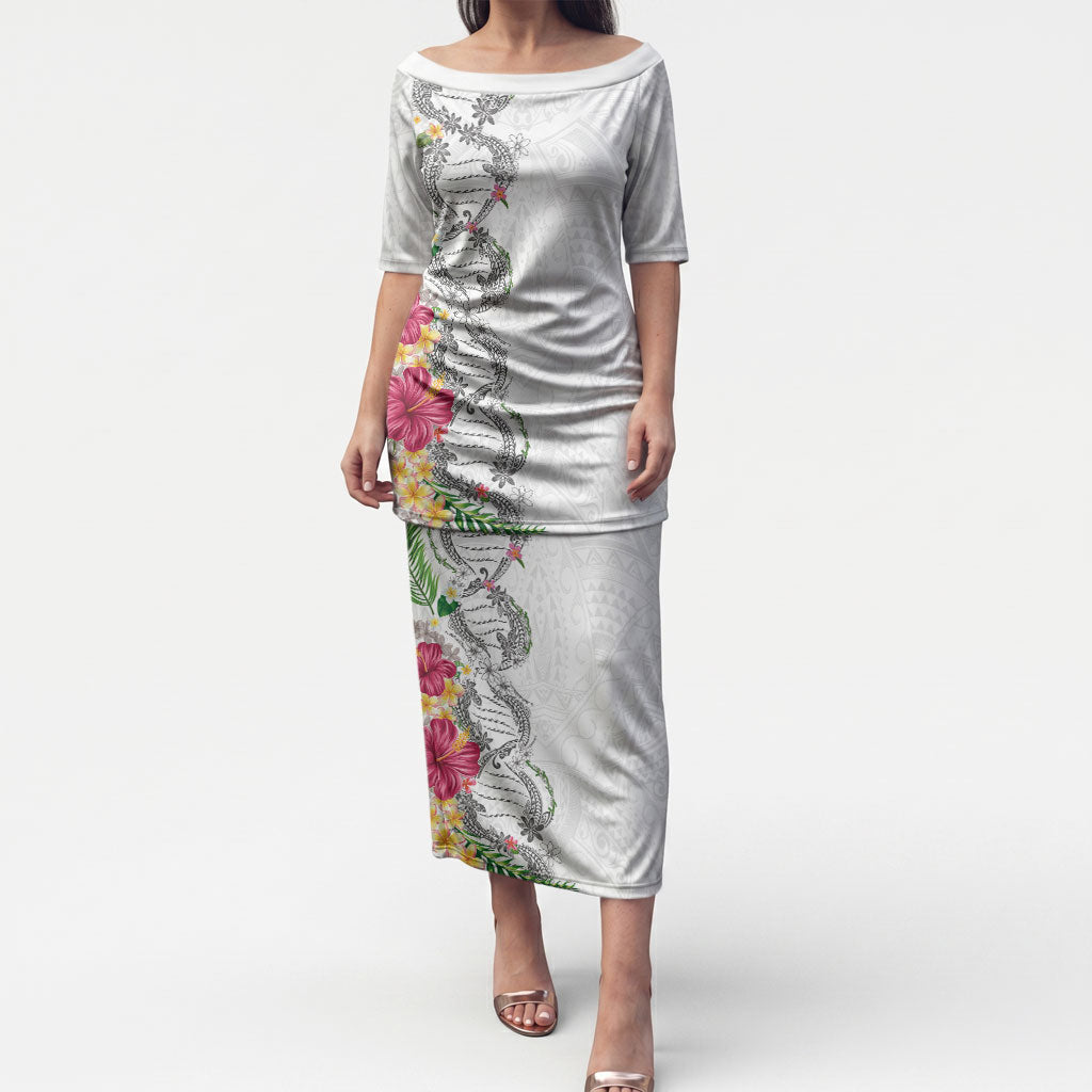 Hawaii DNA Kakau Tattoo Puletasi with Plumeria and Hibiscus Tropical Plants White Color LT03 Long Dress White - Polynesian Pride