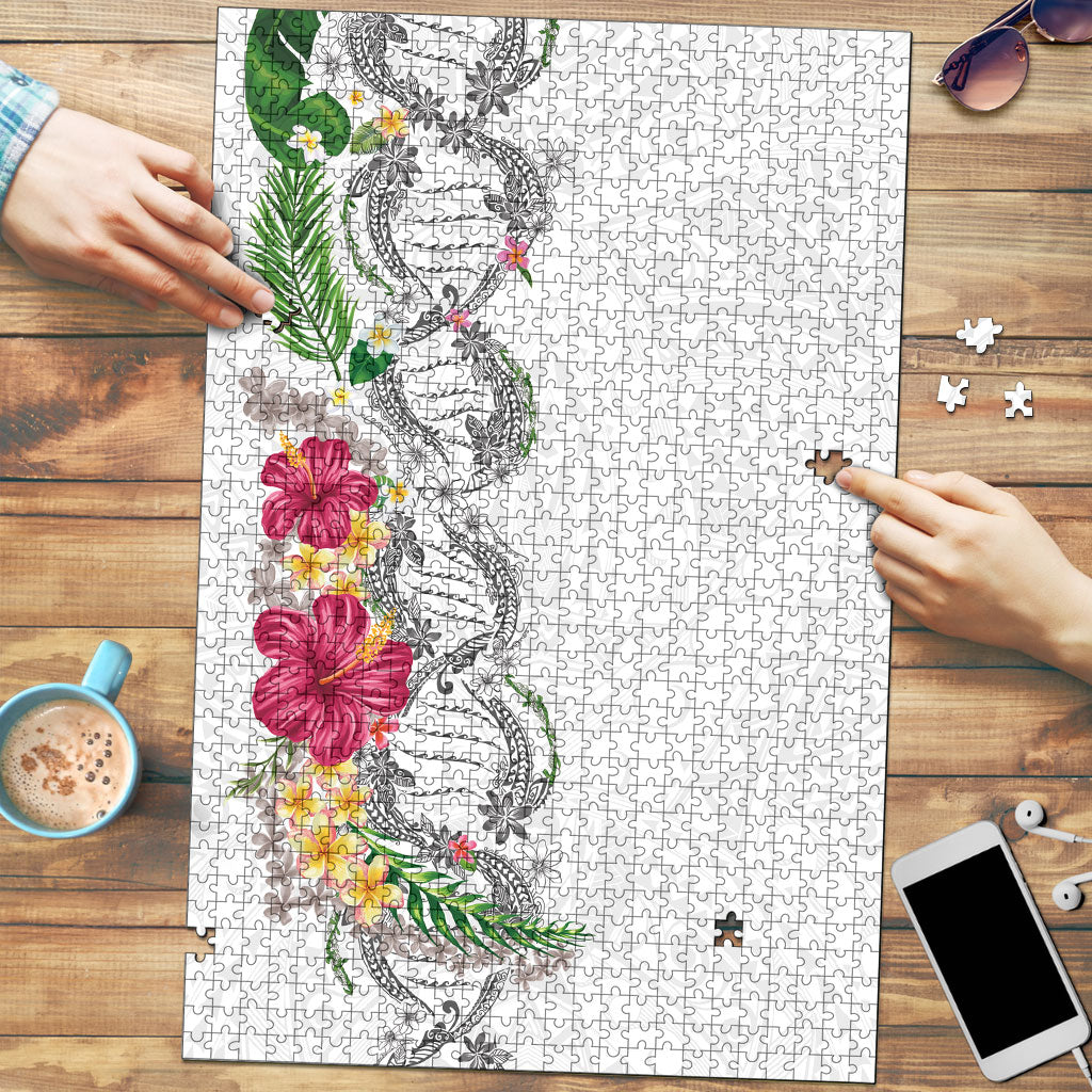 Hawaii DNA Kakau Tattoo Puzzle with Plumeria and Hibiscus Tropical Plants White Color LT03 White - Polynesian Pride