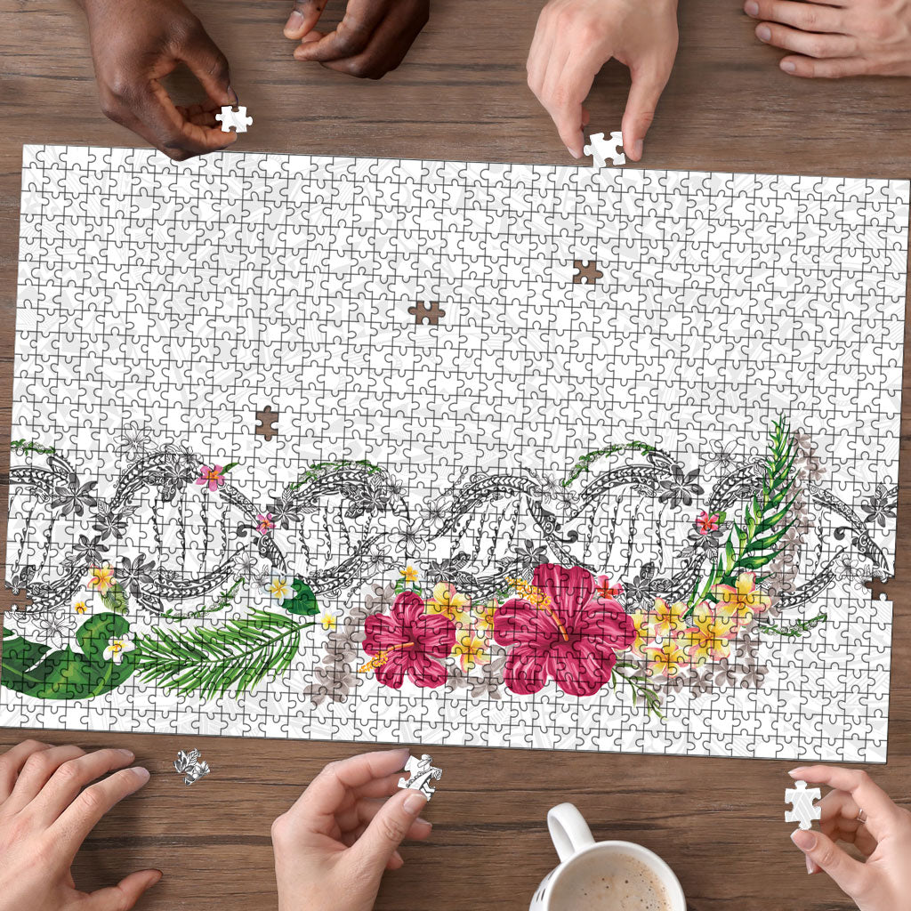 Hawaii DNA Kakau Tattoo Puzzle with Plumeria and Hibiscus Tropical Plants White Color LT03 - Polynesian Pride
