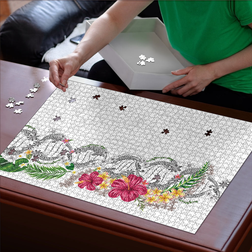 Hawaii DNA Kakau Tattoo Puzzle with Plumeria and Hibiscus Tropical Plants White Color LT03 - Polynesian Pride