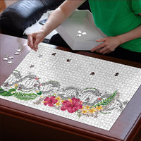 Hawaii DNA Kakau Tattoo Puzzle with Plumeria and Hibiscus Tropical Plants White Color LT03 - Polynesian Pride
