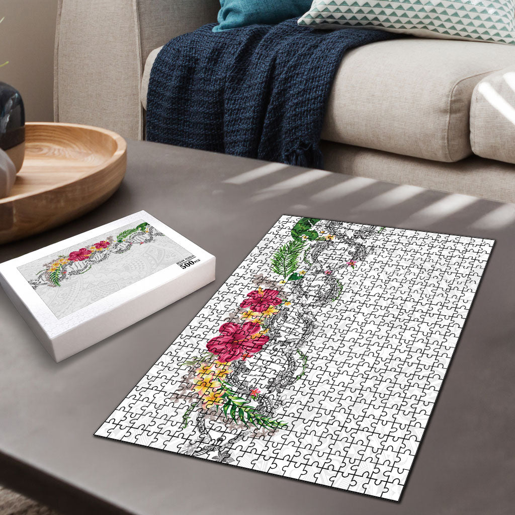 Hawaii DNA Kakau Tattoo Puzzle with Plumeria and Hibiscus Tropical Plants White Color LT03 - Polynesian Pride