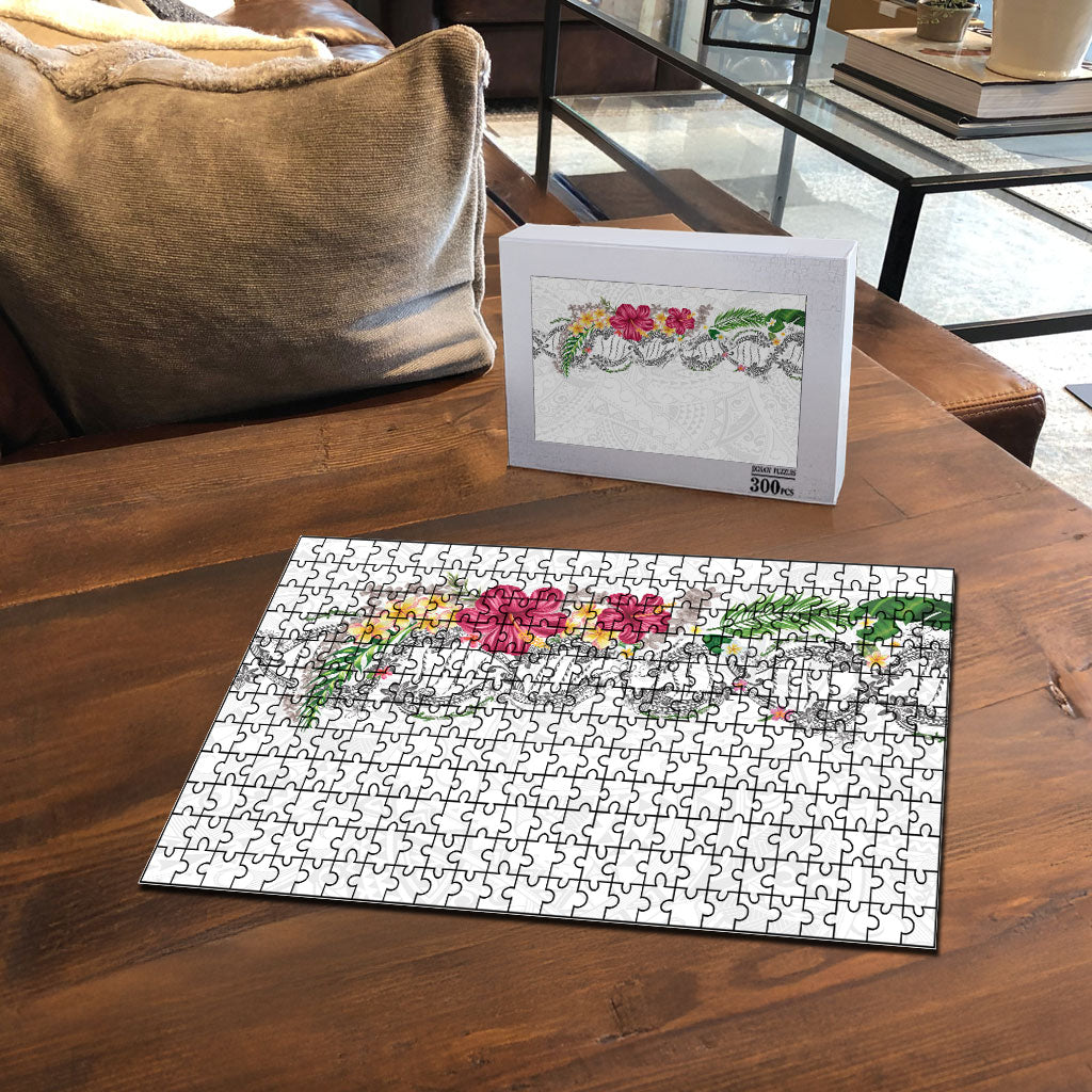Hawaii DNA Kakau Tattoo Puzzle with Plumeria and Hibiscus Tropical Plants White Color LT03 - Polynesian Pride