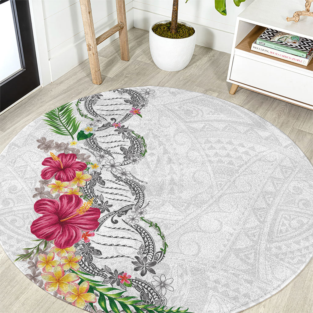 Hawaii DNA Kakau Tattoo Round Carpet with Plumeria and Hibiscus Tropical Plants White Color LT03 White - Polynesian Pride
