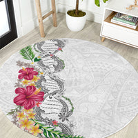 Hawaii DNA Kakau Tattoo Round Carpet with Plumeria and Hibiscus Tropical Plants White Color LT03 White - Polynesian Pride