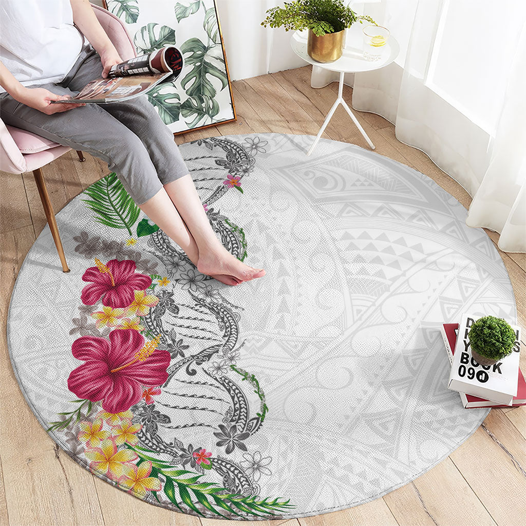 Hawaii DNA Kakau Tattoo Round Carpet with Plumeria and Hibiscus Tropical Plants White Color LT03 - Polynesian Pride