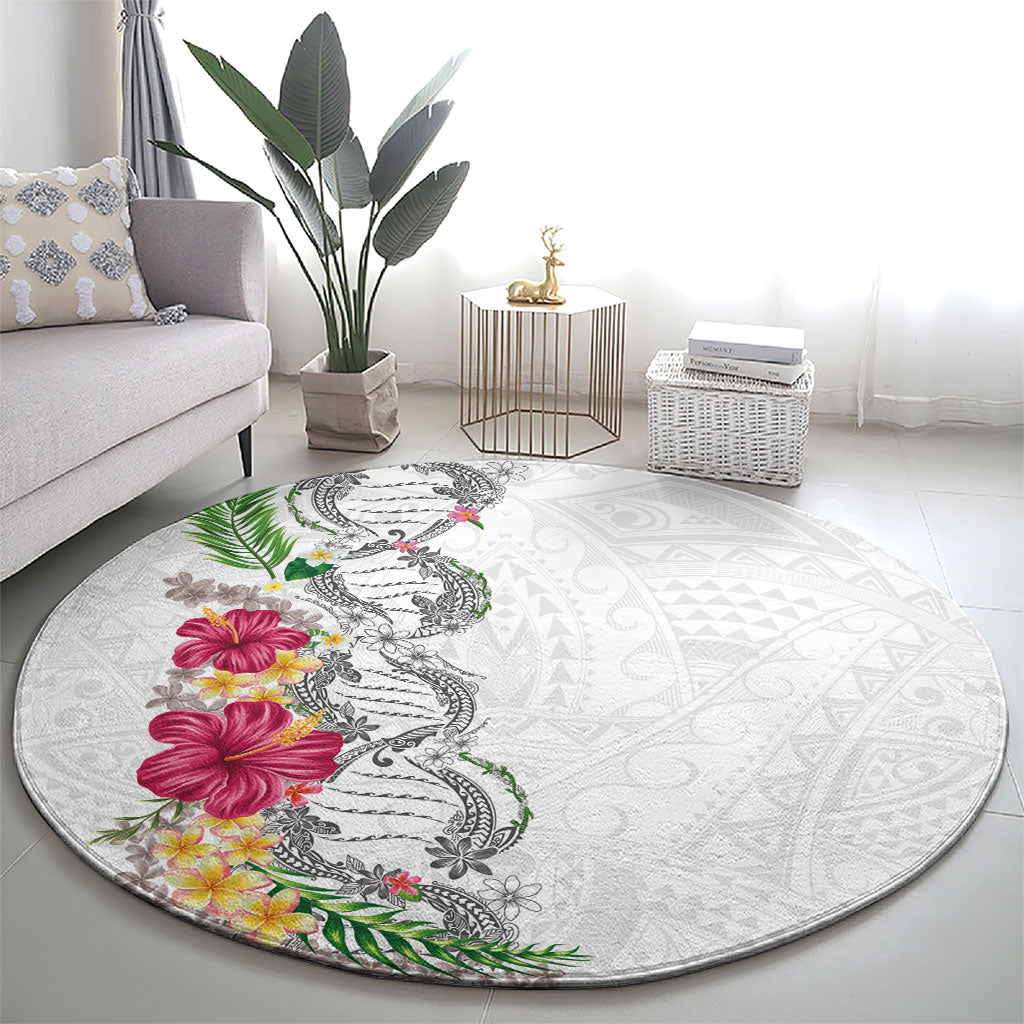 Hawaii DNA Kakau Tattoo Round Carpet with Plumeria and Hibiscus Tropical Plants White Color LT03 - Polynesian Pride