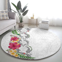 Hawaii DNA Kakau Tattoo Round Carpet with Plumeria and Hibiscus Tropical Plants White Color LT03 - Polynesian Pride