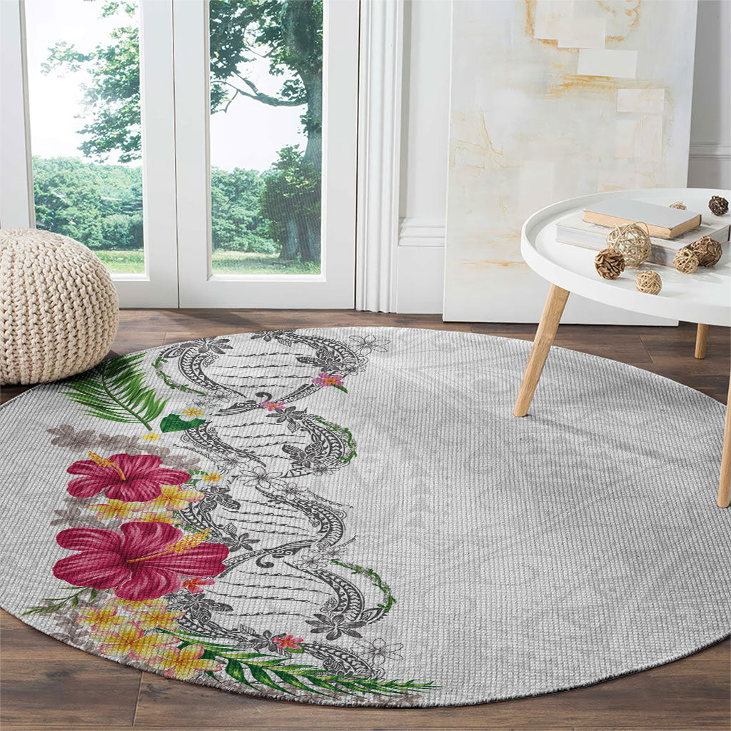 Hawaii DNA Kakau Tattoo Round Carpet with Plumeria and Hibiscus Tropical Plants White Color LT03 - Polynesian Pride