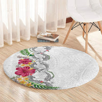 Hawaii DNA Kakau Tattoo Round Carpet with Plumeria and Hibiscus Tropical Plants White Color LT03 - Polynesian Pride