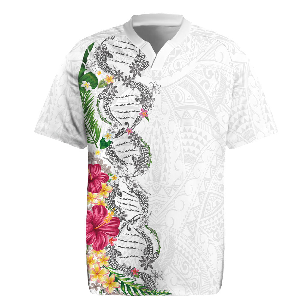 Hawaii DNA Kakau Tattoo Rugby Jersey with Plumeria and Hibiscus Tropical Plants White Color LT03 White - Polynesian Pride