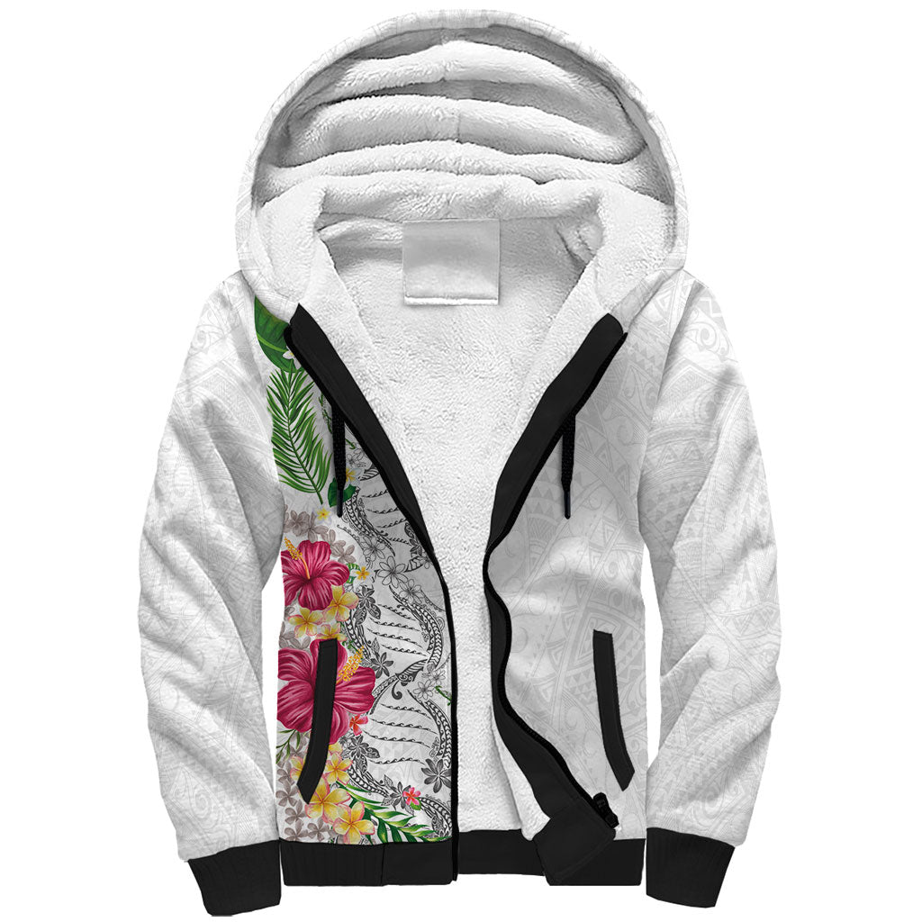Hawaii DNA Kakau Tattoo Sherpa Hoodie with Plumeria and Hibiscus Tropical Plants White Color LT03 Unisex White - Polynesian Pride