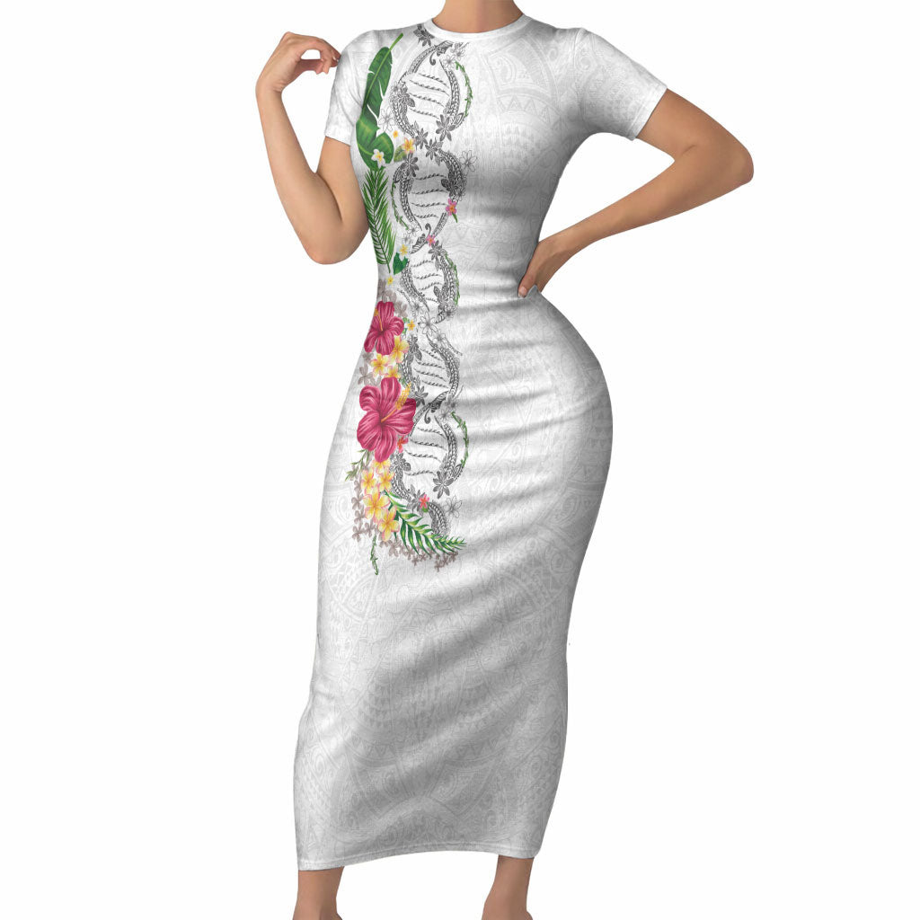 Hawaii DNA Kakau Tattoo Short Sleeve Bodycon Dress with Plumeria and Hibiscus Tropical Plants White Color LT03 Long Dress White - Polynesian Pride