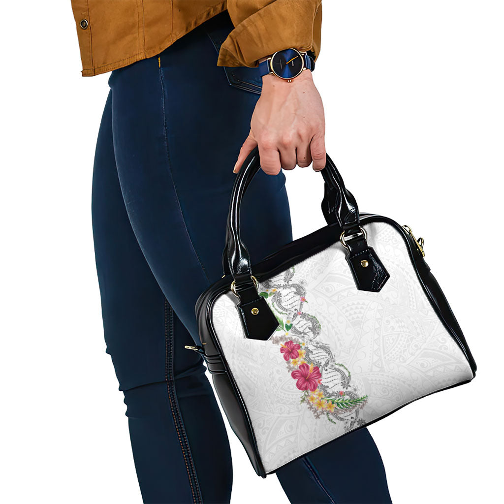 Hawaii DNA Kakau Tattoo Shoulder Handbag with Plumeria and Hibiscus Tropical Plants White Color LT03 - Polynesian Pride