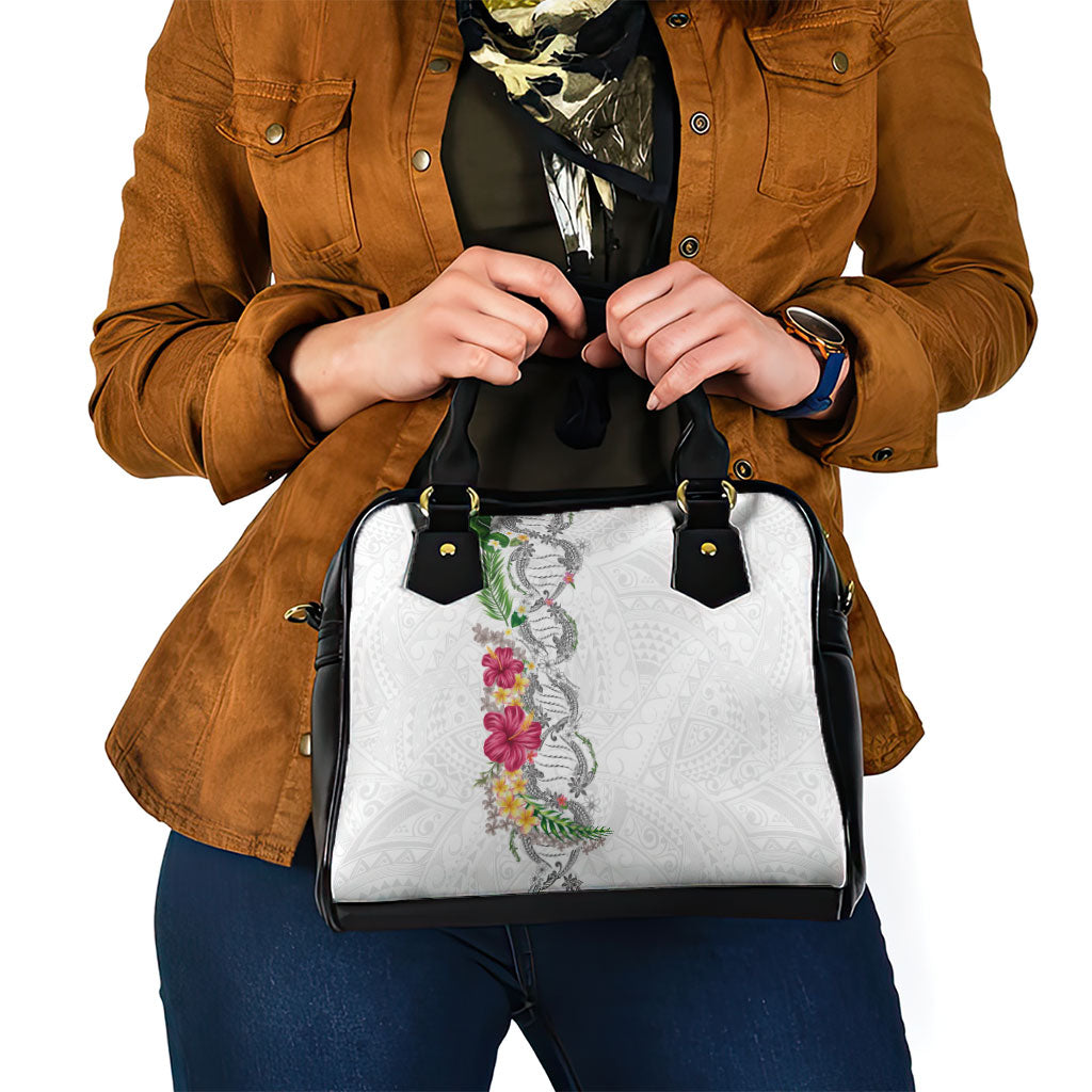 Hawaii DNA Kakau Tattoo Shoulder Handbag with Plumeria and Hibiscus Tropical Plants White Color LT03 - Polynesian Pride