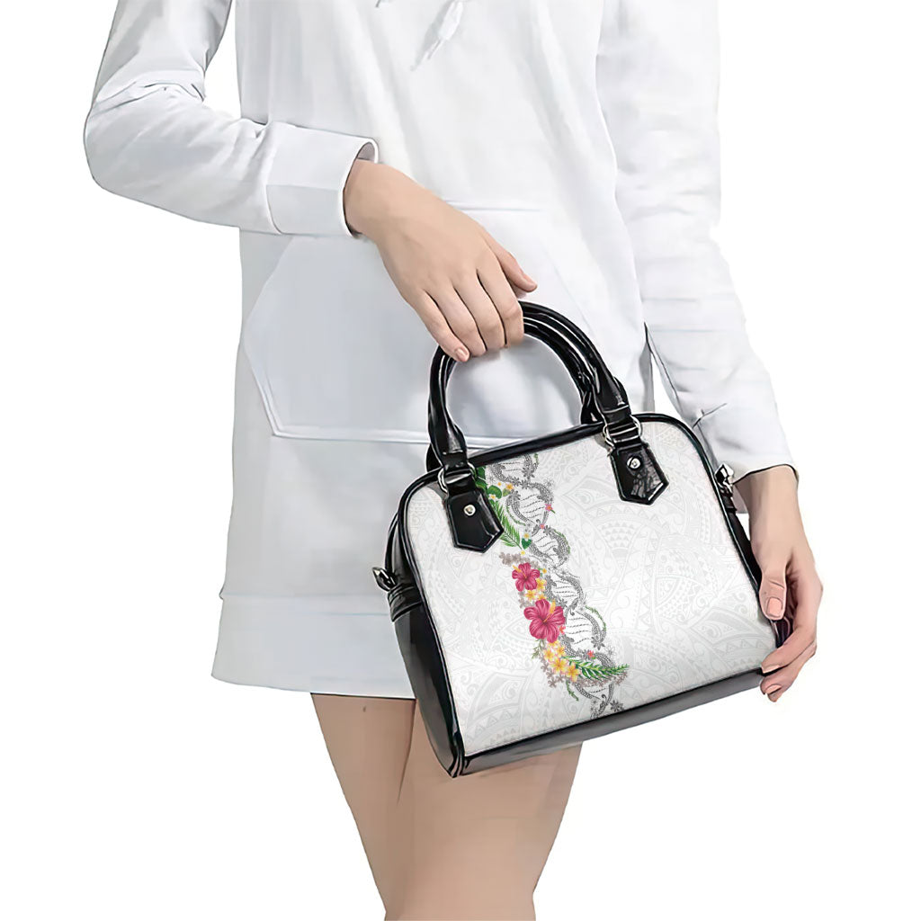 Hawaii DNA Kakau Tattoo Shoulder Handbag with Plumeria and Hibiscus Tropical Plants White Color LT03 - Polynesian Pride