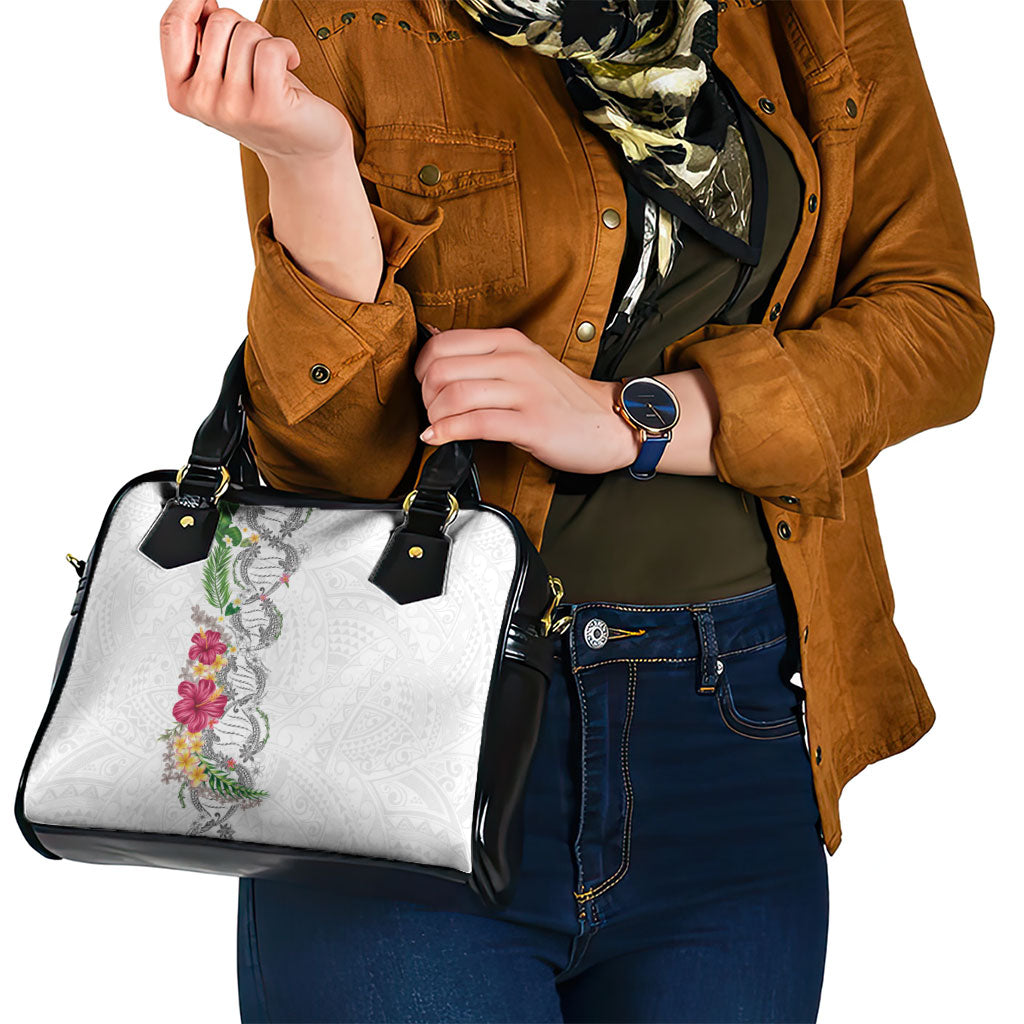 Hawaii DNA Kakau Tattoo Shoulder Handbag with Plumeria and Hibiscus Tropical Plants White Color LT03 - Polynesian Pride
