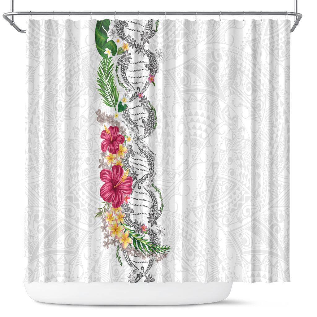 Hawaii DNA Kakau Tattoo Shower Curtain with Plumeria and Hibiscus Tropical Plants White Color LT03 White - Polynesian Pride