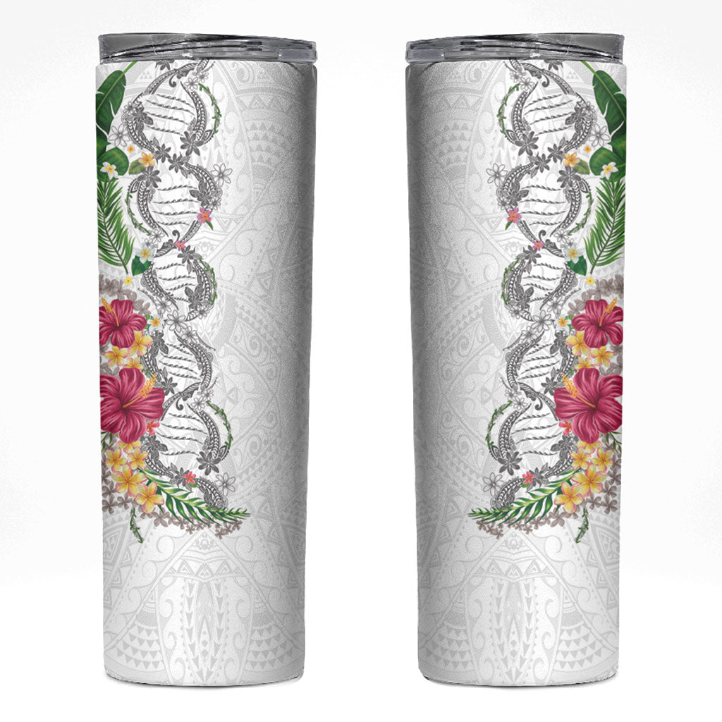 Hawaii DNA Kakau Tattoo Skinny Tumbler with Plumeria and Hibiscus Tropical Plants White Color LT03 White - Polynesian Pride
