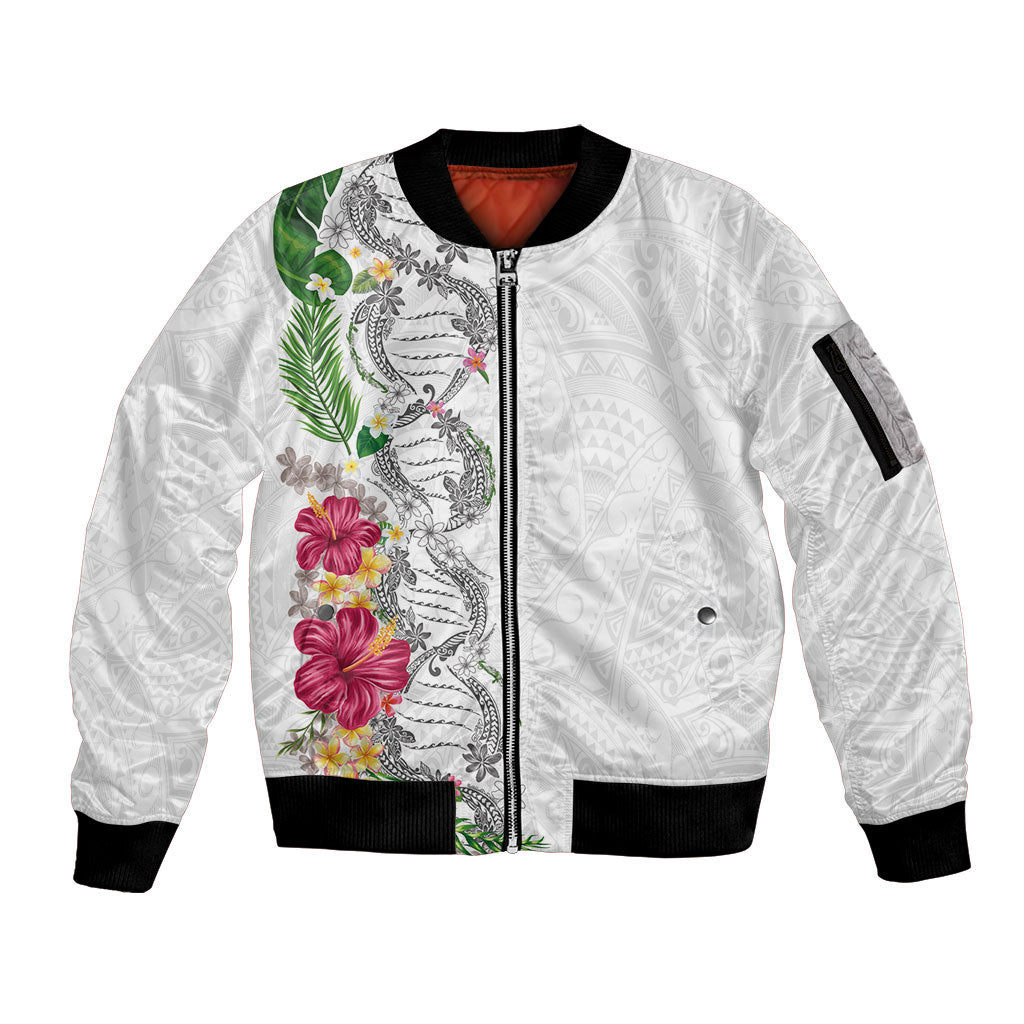 Hawaii DNA Kakau Tattoo Sleeve Zip Bomber Jacket with Plumeria and Hibiscus Tropical Plants White Color LT03 Unisex White - Polynesian Pride