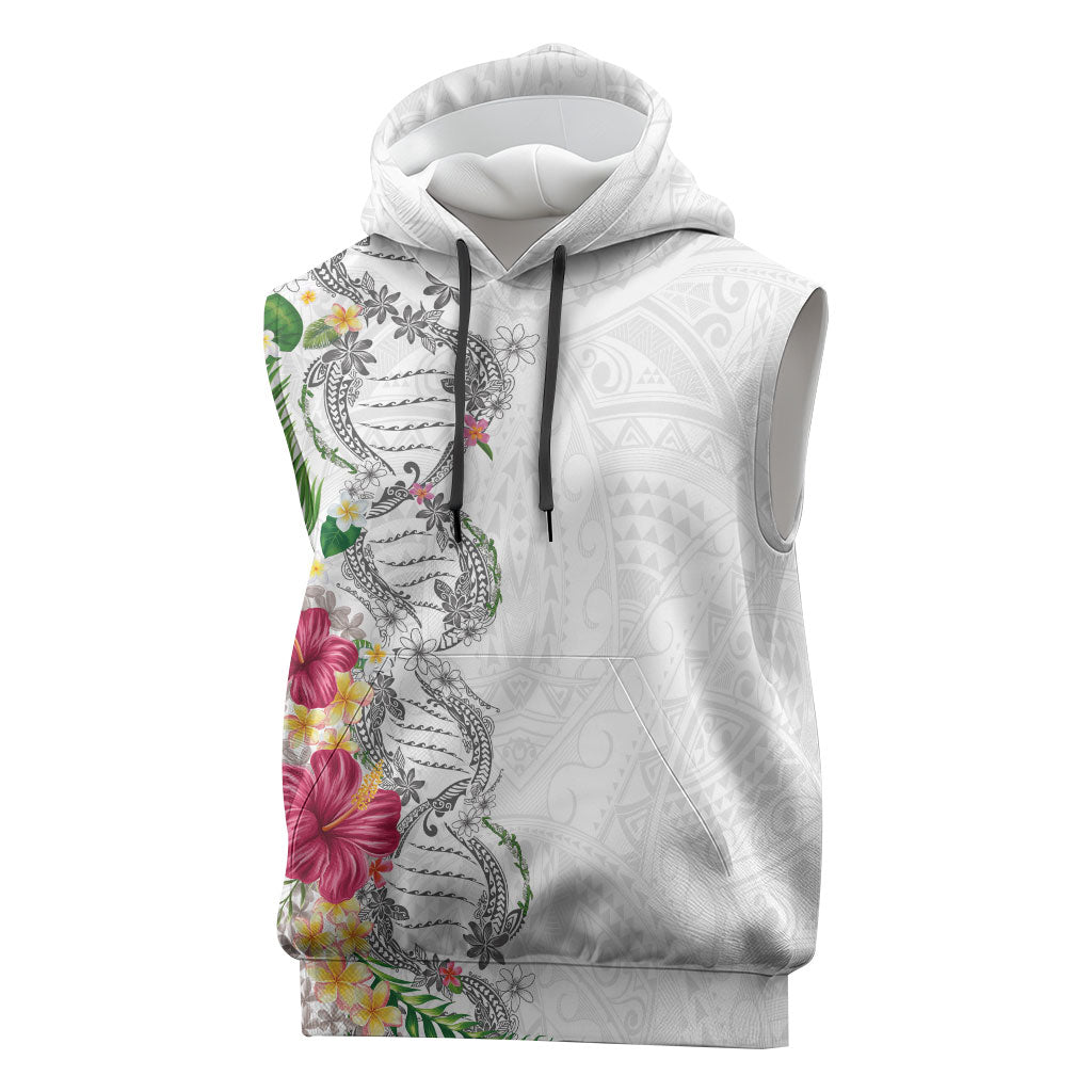 Hawaii DNA Kakau Tattoo Sleeveless Hoodie with Plumeria and Hibiscus Tropical Plants White Color LT03 White - Polynesian Pride