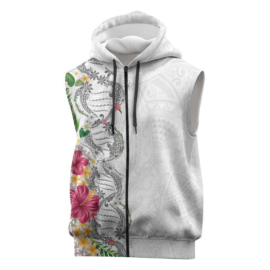 Hawaii DNA Kakau Tattoo Sleeveless Zip Hoodie with Plumeria and Hibiscus Tropical Plants White Color LT03 White - Polynesian Pride